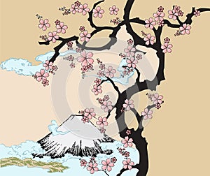 Japanese design with Fuji mountain and Sakua Tree.