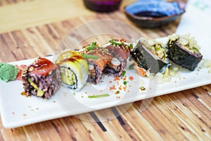 Japanese dish with assorted sushi served on a terrace