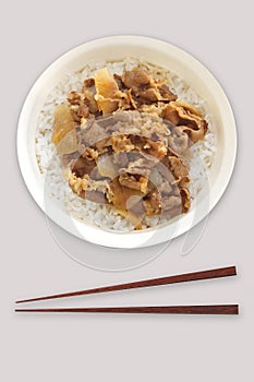 Japanese dish beef bowl , rice topped with beef and onion