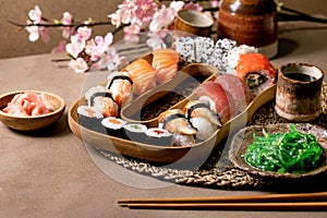 Japanese dish sushi and rolls rice with fish