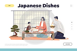 Japanese dishes concept of landing page with ethnic family having dinner with asian food together