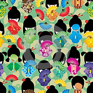 Japanese doll girl shy fan seamless pattern