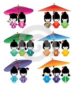 Japanese doll girl umbrella Maneki Neko set photo