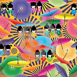 Japanese doll girl umbrella seamless pattern