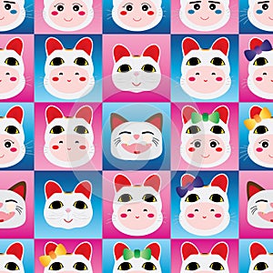 Japanese doll Maneki Neko head seamless pattern