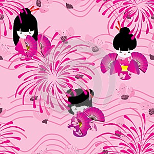 Japanese doll pink sakura firework wave line seamless pattern