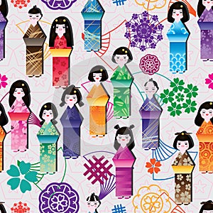 Japanese doll tall dress fan shape seamless pattern