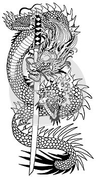 A Japanese dragon with a katana sword. Black and white