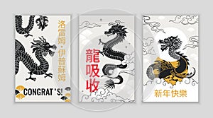 Japanese dragons. Chinese traditional new year celebration symbol. Japan t-shirt print, asian oriental tattoo, vintage