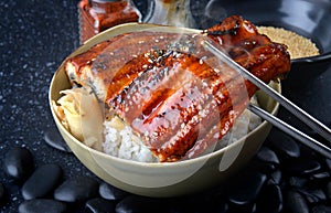 Japanese eel grilled with rice or Unagi don.