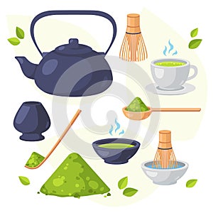 Japanese ethnic and national tea ceremony. Collection of matcha tea products. Matcha powder, teapot, bamboo spoon, tea leaves,