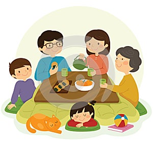 Japanese family around the kotatsu