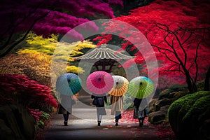 Japanese family walking in the autumn garden with colorful umbrella. This is a 3d render illustration