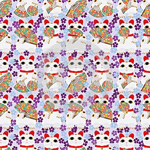 Japanese fan Maneki neko seamless pattern