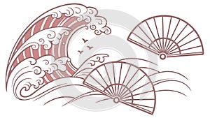 Japanese Fan and Stylized Ocean Wave Pattern Design, vector design Generative AI