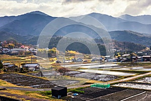 Japanese farm with rays in Magome, Kiso valley