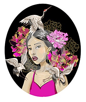 Japanese fashion girl with white crane and sequins embroidered peonies. Vector illustration.