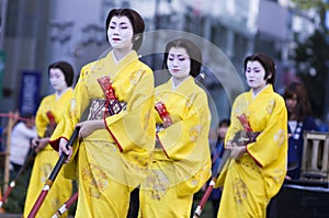 Japanese female warrior in yellow kimonos