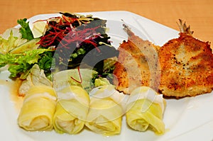 Japanese Fish Sakana Korokke dish with mixed sea salad