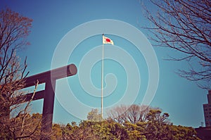 Japanese flag floating near Yasukuni Shrine