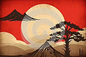 A Japanese flag rendition in the style of a Ukiyo-e Japanese woodblock print