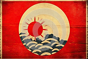 A Japanese flag rendition in the style of a Ukiyo-e Japanese woodblock print