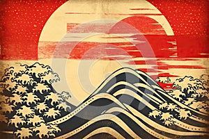 A Japanese flag rendition in the style of a Ukiyo-e Japanese woodblock print