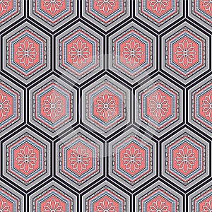 Japanese Flower Hexagon Turtle Shell Vector Seamless Pattern