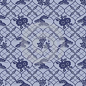Japanese Flower Leaf Curl Net Vector Seamless Pattern