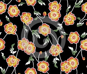 Japanese Flower Leaf Vine Vector Seamless Pattern