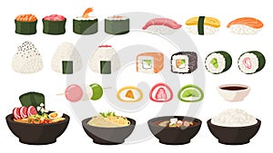 Japanese food. Asian cuisine. Cartoon sushi and rolls. Oden soup or okonomiyaki. Traditional sweets. Yummy mochi and photo