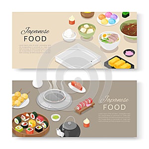 Japanese food banners set asian cuisine with sushi rolls, sashimi, noodle and miso soup cartoon vector illustration.