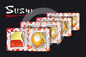 Japanese Food on Black Background and Stylized Inscription Sushi