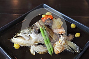Japanese food bolied head fish with sauce