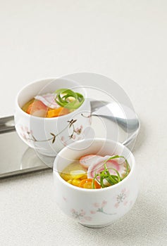 Japanese Food Chawanmushi. ith Vegetable and Kamaboko Narutomaki.  Chawan Mushi is Steamed Custard Soft and Smooth