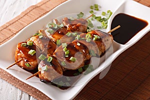 Japanese food: chicken yakitori on skewers close-up. Horizontal