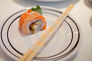 Japanese food closeup, Salmon sushi rolls