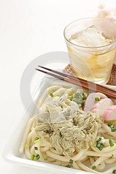 Japanese food, cold udon noodles and Kamaboko with Kombu seaweed