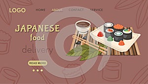 Japanese food delivery. Asian banner. National dish closeup with kawaii nigiri sushi, chopsticks, sauce, vassabi. Vector