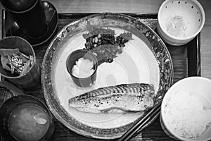 Japanese food, Grilled Saba fish on the table in Japanese restaurant