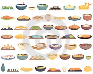 Japanese food icons set cartoon vector. Japan tempura