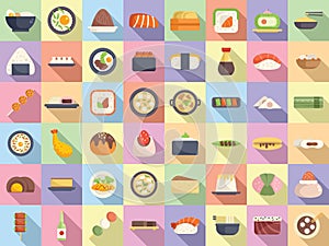 Japanese food icons set flat vector. Tempura asian