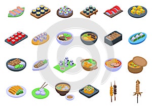 Japanese food icons set isometric vector. Japan tempura