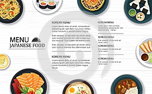 Japanese food menu restaurant on a white wooden table top template background. Use for poster, print, flyer, brochure