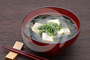 Japanese food, Miso soup of tofu and seaweed photo