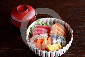 Japanese food mix raw fish on sushi rice