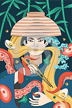 Japanese food ramen poster hand-drawn design. Japan national noodle dish. Squid or octopus tentacles entwined samurai