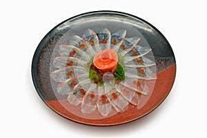 Japanese food raw sea bass sashimi in plate Japanese style on white background