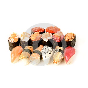 Japanese food restaurant delivery - sushi maki california gunkan roll platter big set isolated at white background