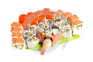 Japanese food restaurant delivery - sushi maki california gunkan roll platter big set isolated at white background